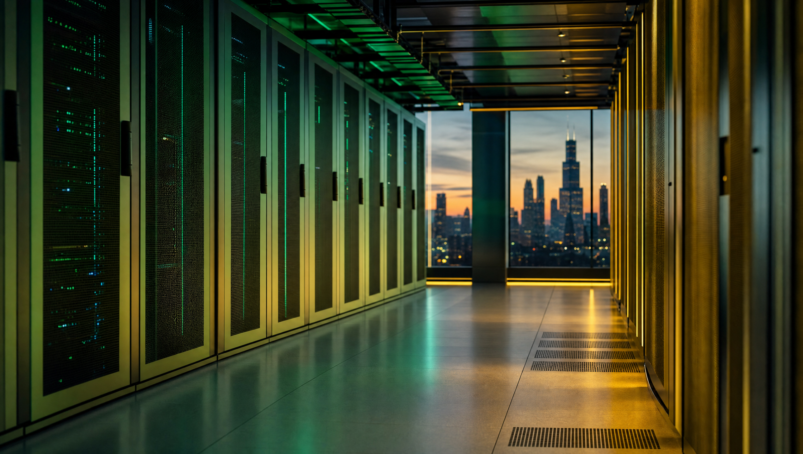 Modern data center server racks with Chicago skyline visible through window at dusk