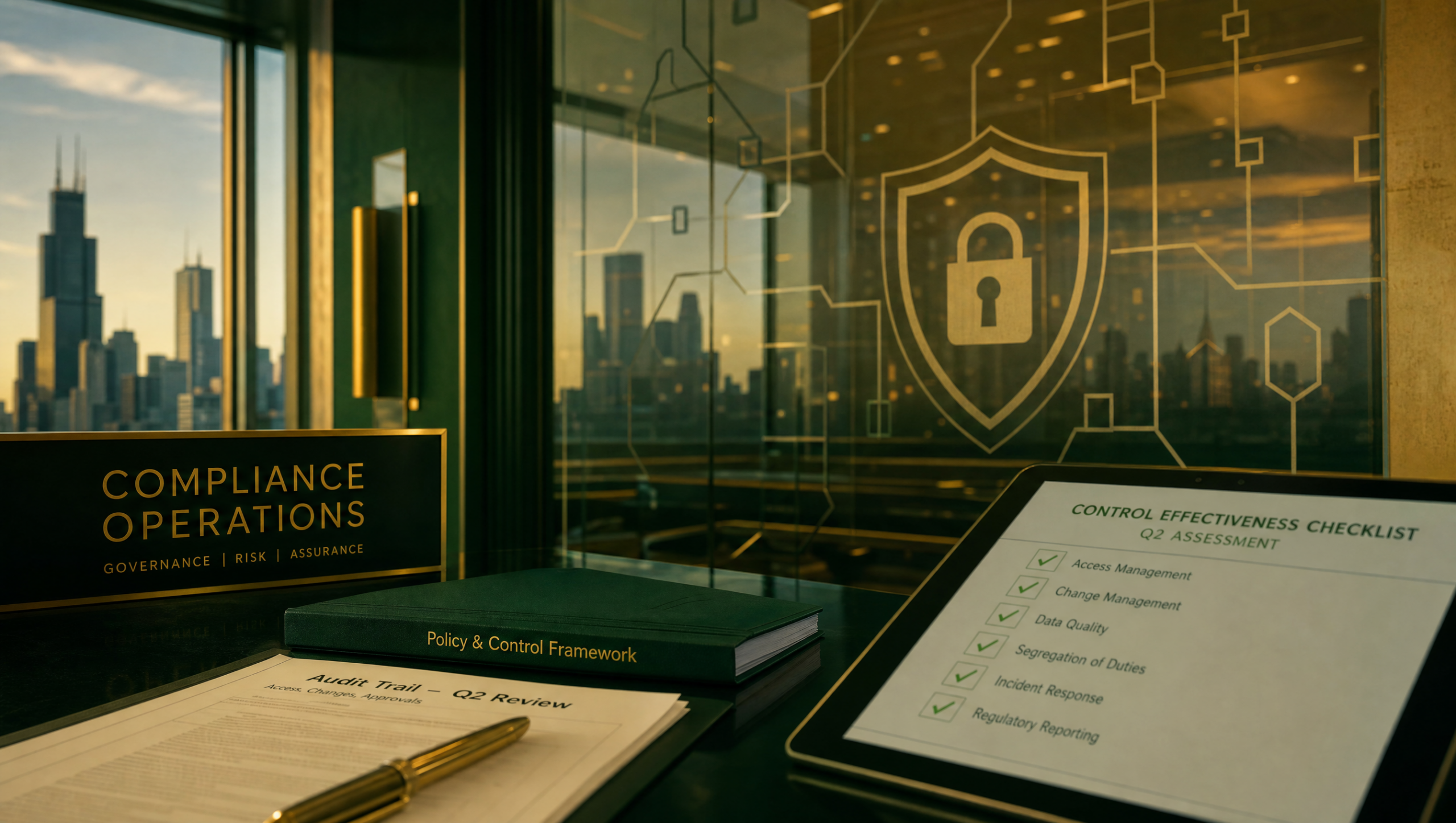 Compliance operations desk with policy framework binder, audit trail documents, and control effectiveness checklist overlooking the Chicago skyline