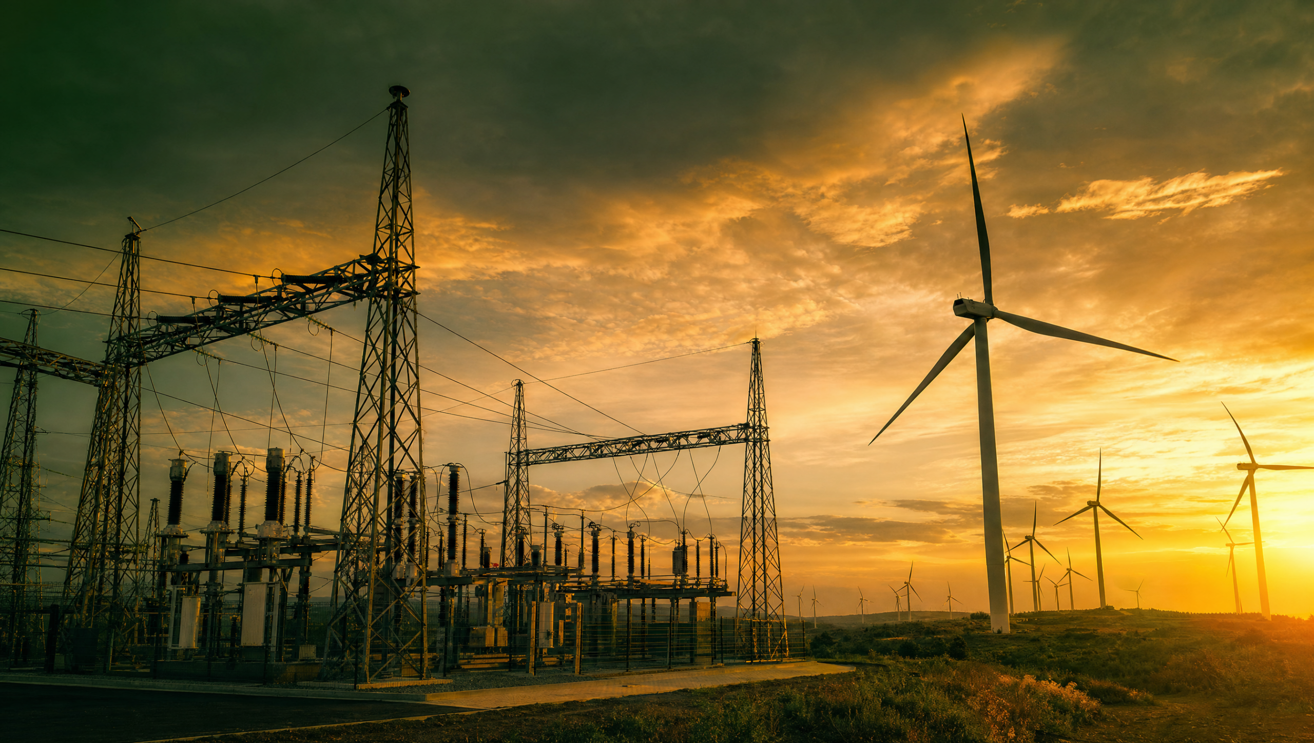 Electrical substation and wind turbine field at golden hour against a dramatic sky