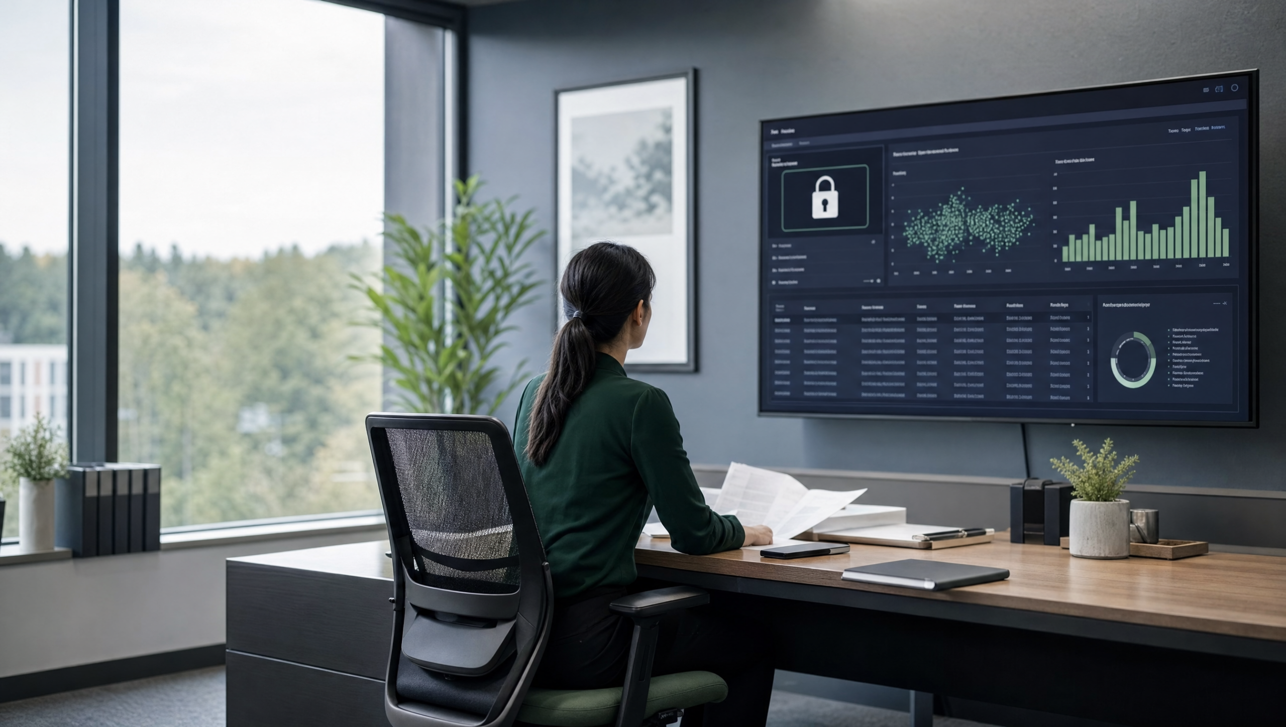 Compliance officer reviewing a secure patient-data dashboard in a modern healthcare administration office