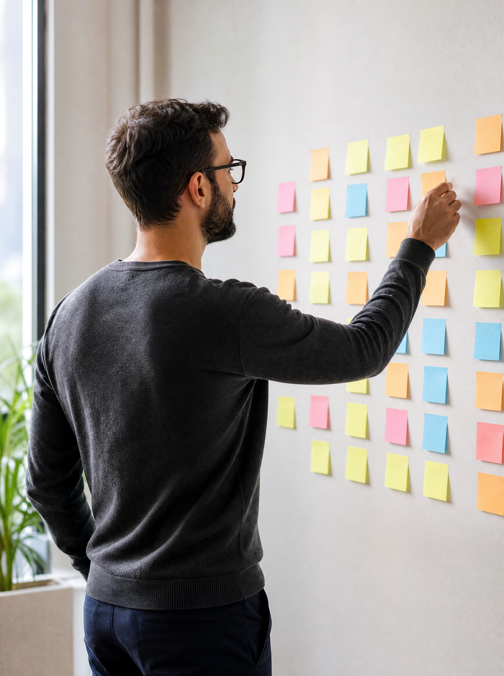 Fairway IT Solutions team member reviewing a project roadmap of sticky notes on a wall