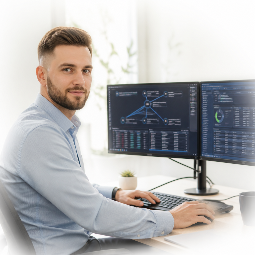 IT support specialist reviewing network diagnostics on dual monitors