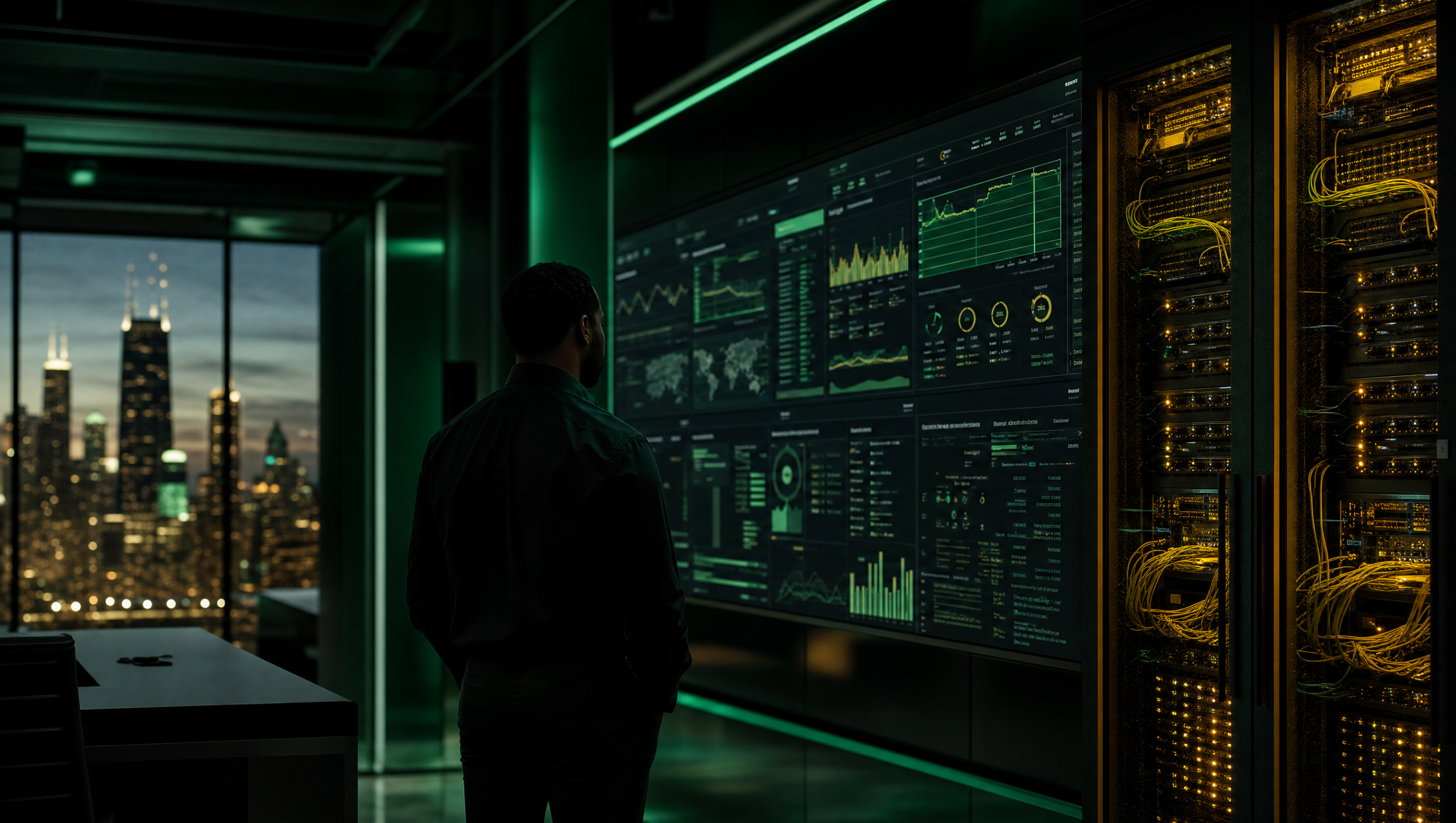 IT professional monitoring network dashboards in a server room overlooking the Chicago skyline at dusk