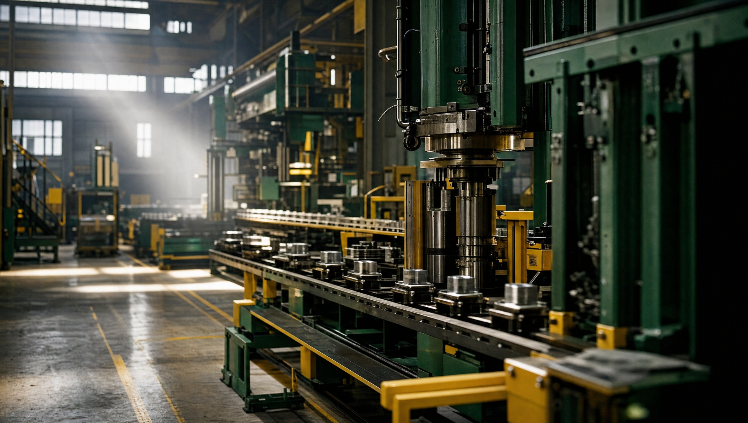 Modern industrial manufacturing factory floor with precision machinery under dramatic lighting