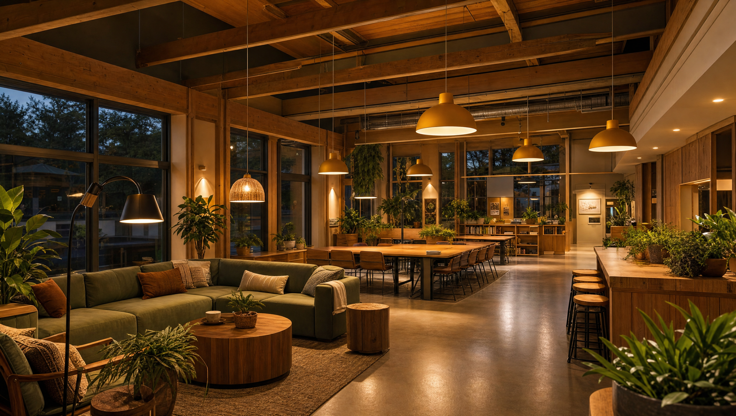 Warmly lit modern community center interior with collaborative open workspace and natural wood tones