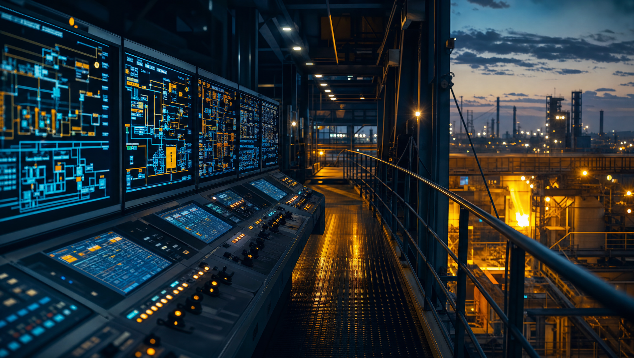 Modern manufacturing control room at dusk with illuminated SCADA monitors and industrial control panels
