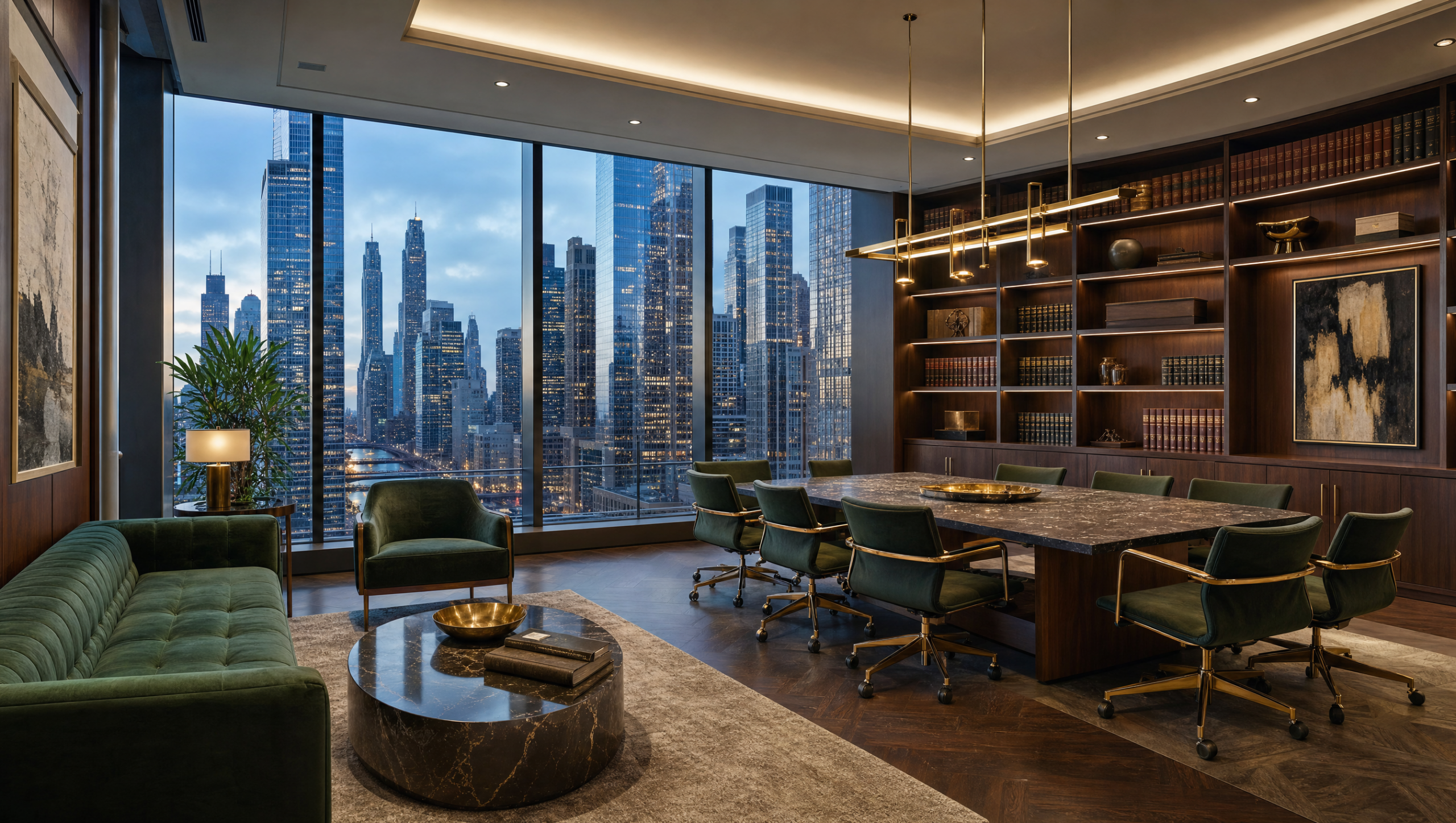 Elegant modern law firm library and conference space overlooking the Chicago skyline at dusk