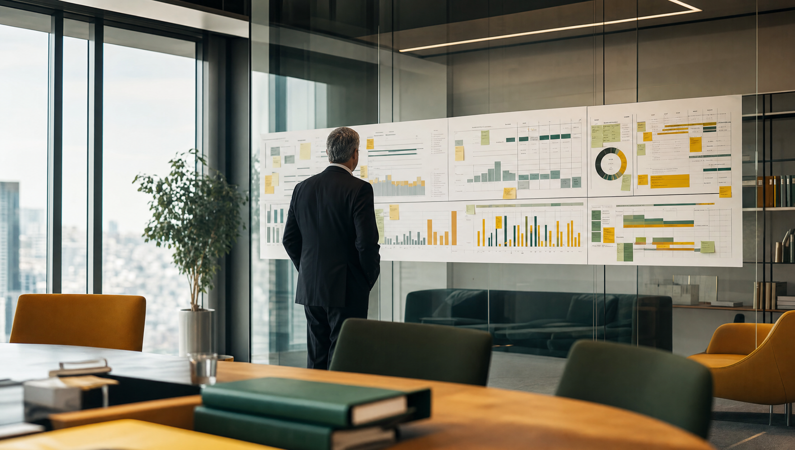 Executive reviewing a technology roadmap and budget charts in a modern conference room overlooking the Chicago skyline